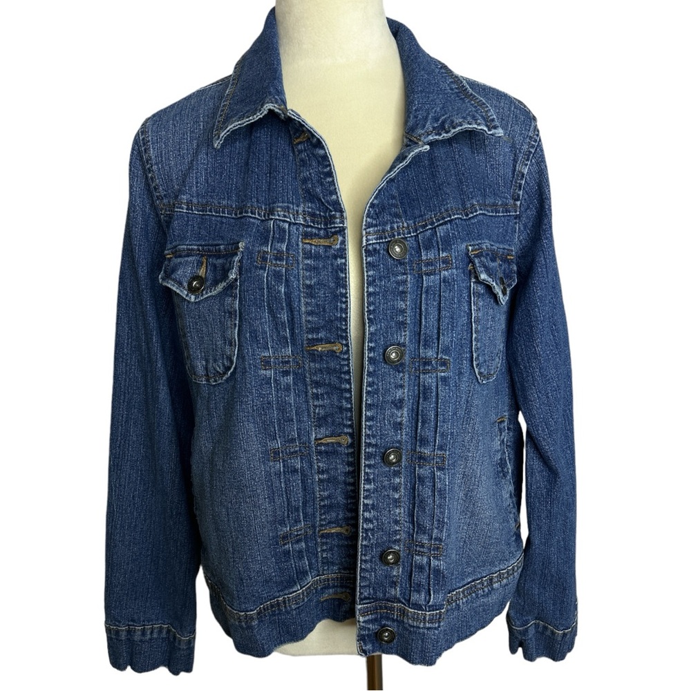 Blue denim button front denim Jean jacket, large petite‎